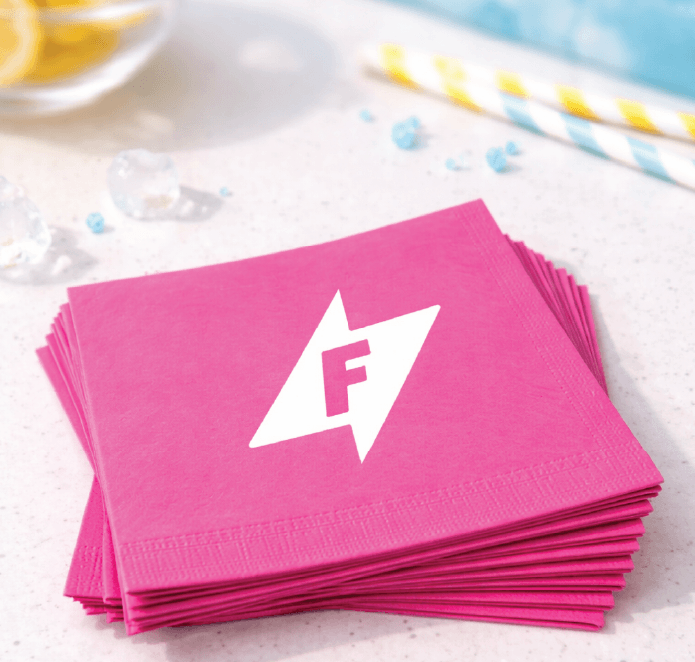 Stack of raspberry napkins with white F-Bolt mark