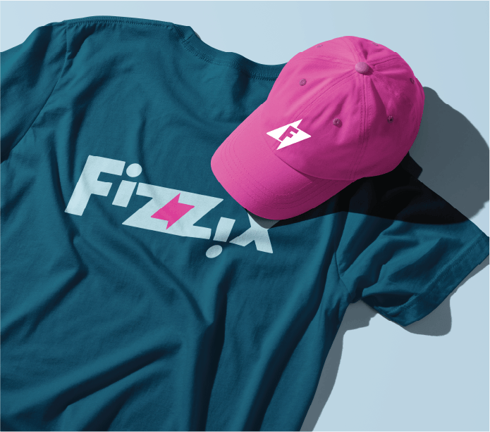 Blueberry tee with Fiz!x wordmark and raspberry F-Bolt cap